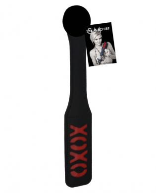 Black vinyl Spank My Pleasure Paddle with red XOXO design, 12 inches long