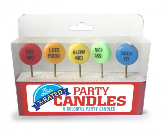 X-Rated Party Candles set of 5 colorful adult novelty candles with cheeky sayings in red, orange, yellow, green, and blue.