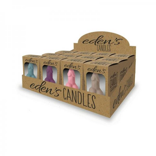 Eden's Penis Candles 12-piece display with vanilla-scented penis-shaped candles in blue, eggplant, rose, and taupe colors.