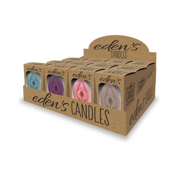 Eden's Vagina Candles 12-piece display with vanilla-scented candles in blue, eggplant, rose, and taupe colors.