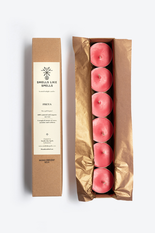 Box of six pink scented tealight candles Freya with aromatherapy blend of verbena, jasmine, and rose.