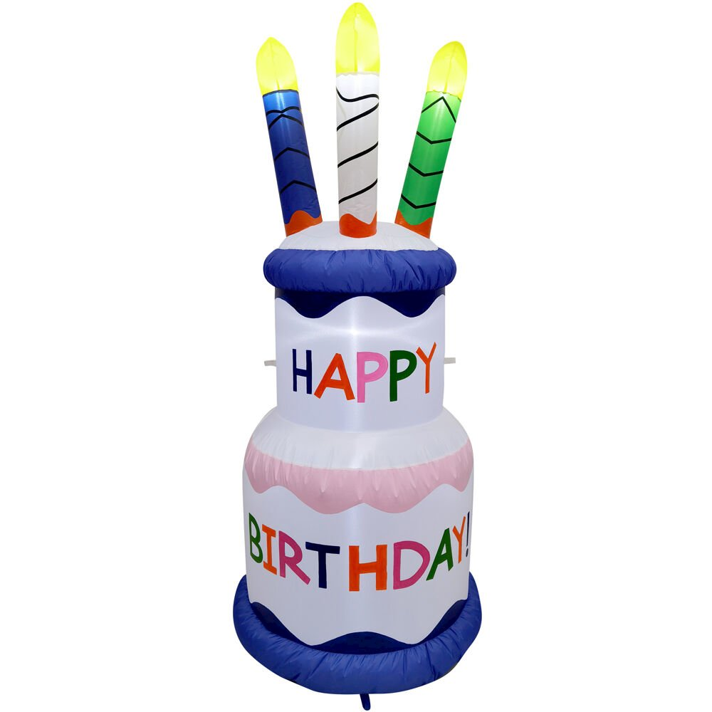 6ft tall inflatable birthday cake with colorful candles and LED lights for outdoor party decoration