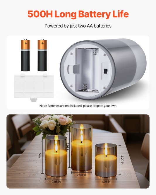 Set of 3 gray flameless LED candles with remote control, battery operated, varying sizes with realistic flickering light.