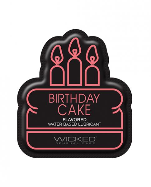 Wicked Sensual Care Birthday Cake flavored water based lubricant sample packet with candle design