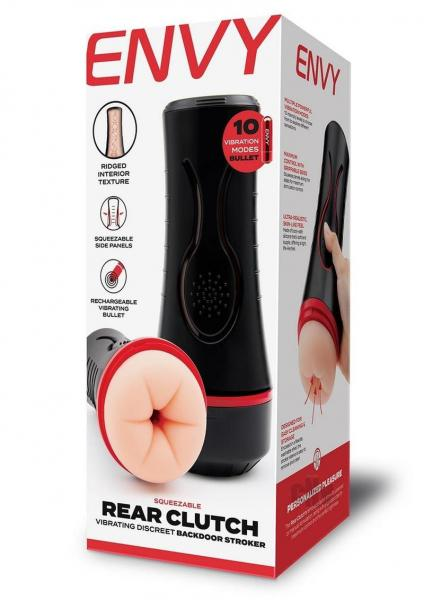 Rechargeable vibrating backdoor stroker with ridged texture and squeezable panels for personalized stimulation by ENVY Toys.