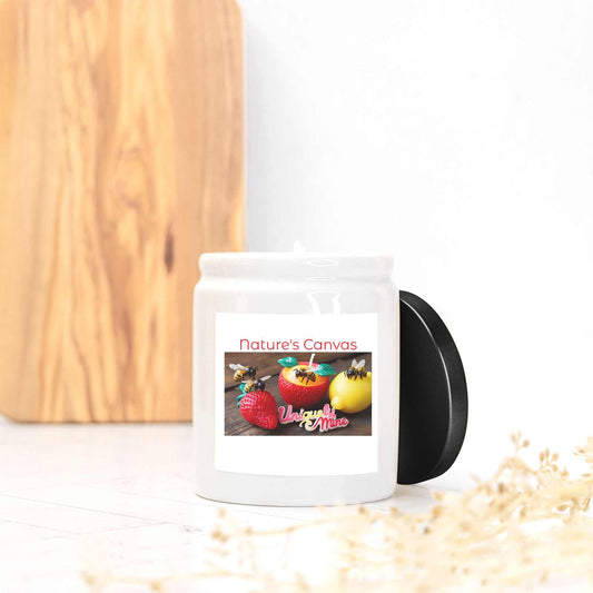 White modern farmhouse ceramic candle with black lid featuring Nature's Canvas label and natural coconut soy wax blend