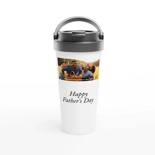 Customizable white 15oz stainless steel travel mug with personalized Father's Day photo and message, leak-proof and temperature-retentive design