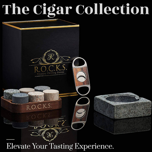 Whiskey stones gift set with granite whiskey stones, wooden holder, cigar cutter, granite cigar ashtray, and black gold foil gift box