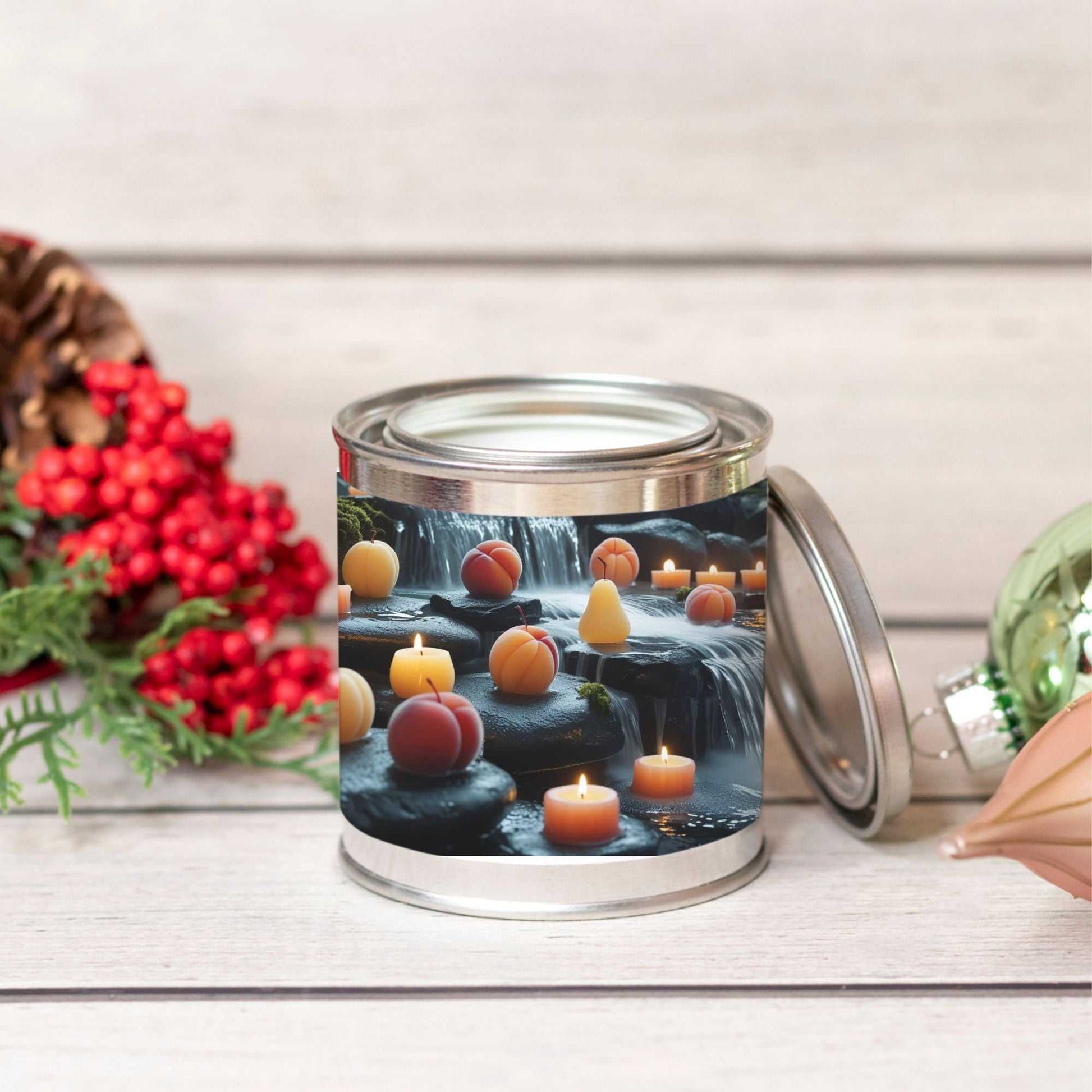 8 oz hand-poured Candle Paint Can with decorative label and festive holiday background