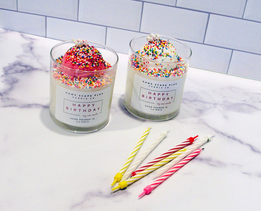 Happy Birthday Candle ice cream scoop design with colorful sprinkles and birthday candles on a marble countertop