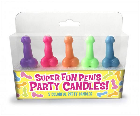 Pack of 5 colorful rainbow penis-shaped party candles for adult-themed celebrations