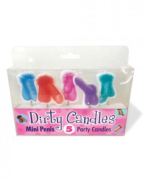 Set of five colorful mini penis-shaped Dirty Penis Candles party candles in blue, red, pink, purple, and teal.