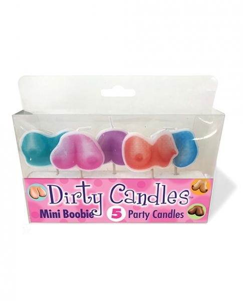 5 PC Mini Dirty Boobs Candles set with colorful mini boob-shaped party candles in teal, pink, purple, red, and blue.