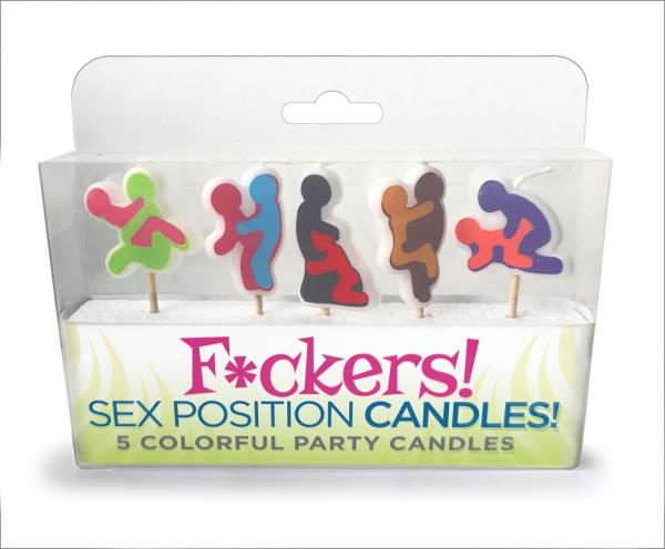 Set of five colorful adult-themed sex position party candles in vibrant rainbow hues, perfect for bachelor or bachelorette celebrations.