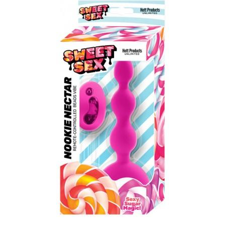 Sweet Sex Nookie Nectar pink silicone vibrator with remote control and multiple vibration modes in colorful packaging