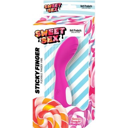 Sweet Sex Sticky Fingers pink flexible silicone vibrator with contoured head in colorful packaging