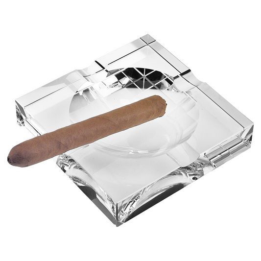 7-inch clear crystal square tabletop cigar ashtray with a cigar on top, made of lead-free optical crystal