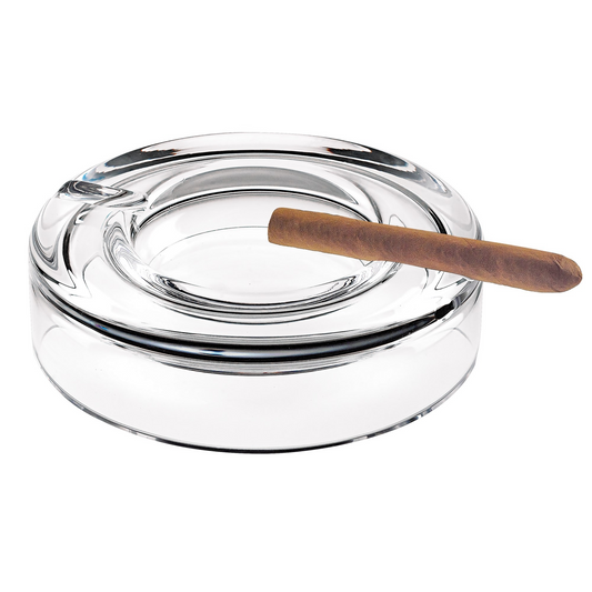 Mouth blown European crystal cigar ash tray with clear glass and cigar resting slot.