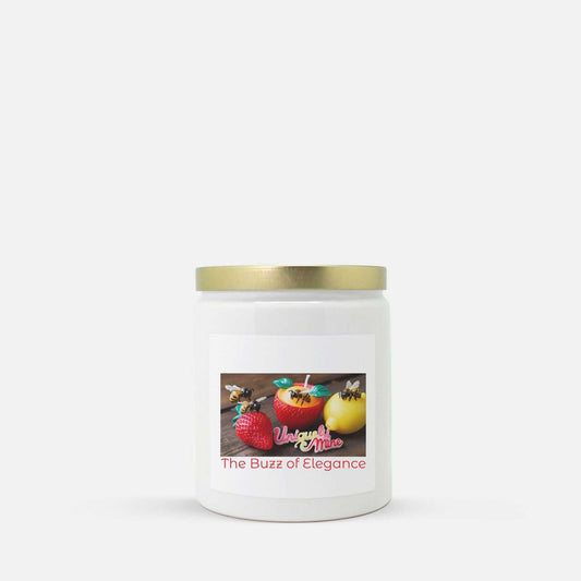 Modern Farmhouse ceramic candle with gold lid, clean-burning coconut soy wax, vegan and toxin-free, labeled "The Buzz of Elegance" with fruit and bee design