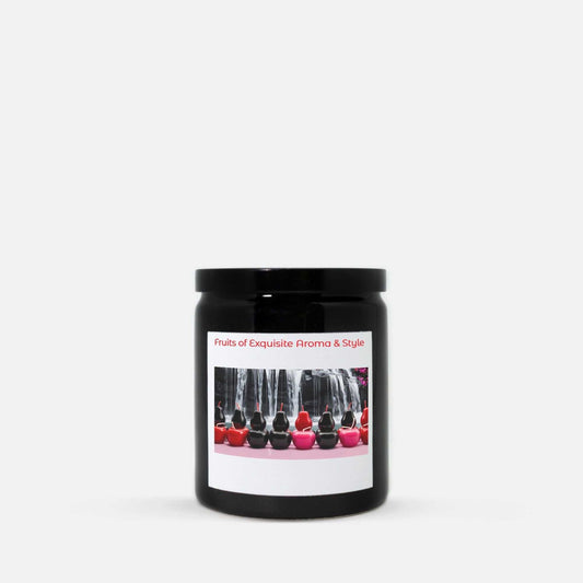 Black 8oz ceramic candle with Fruits of Exquisite Aroma label, vegan coconut soy wax, and slow-burn technology