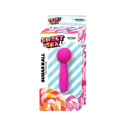 Sweetest Sex Sugar Ball pink silicone mini wand with flexible tip and 10 vibration modes in colorful packaging