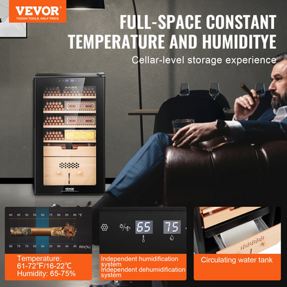 VEVOR Electric Cigar Humidor cabinet with cooling, heating, humidity control, 5-layer Spanish cedar wood shelves, double mirror glass door, and digital display