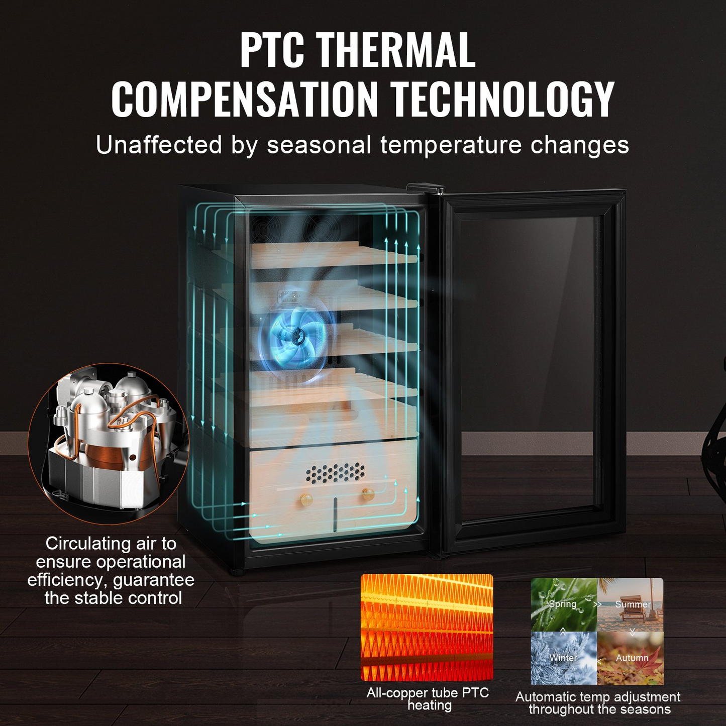 VEVOR Electric Cigar Humidor cabinet with cooling, heating, humidity control, and PTC thermal compensation technology shown with transparent view of internal air circulation and automatic temperature adjustment features