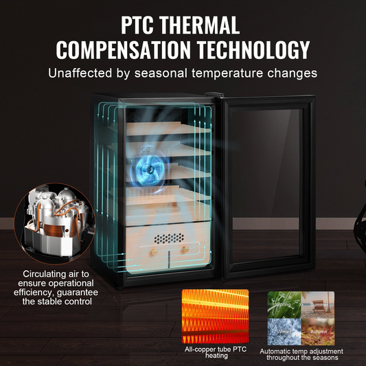 VEVOR Electric Cigar Humidor cabinet with cooling, heating, humidity control, and PTC thermal compensation technology shown with transparent view of internal air circulation and automatic temperature adjustment features