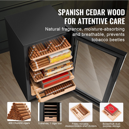 VEVOR Electric Cigar Humidor cabinet with cooling, heating, humidity control, 5-layer Spanish cedar wood shelves, double mirror glass door, storing 400 cigars.