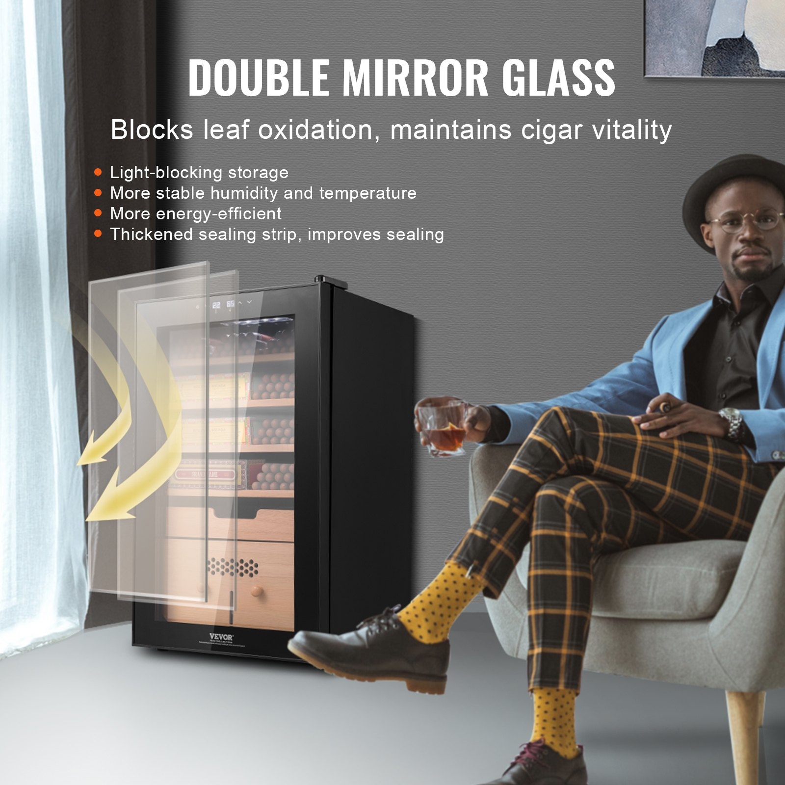 VEVOR Electric Cigar Humidor with double mirror glass, cooling, heating, humidity control, and 5-layer Spanish cedar wood storage cabinet.
