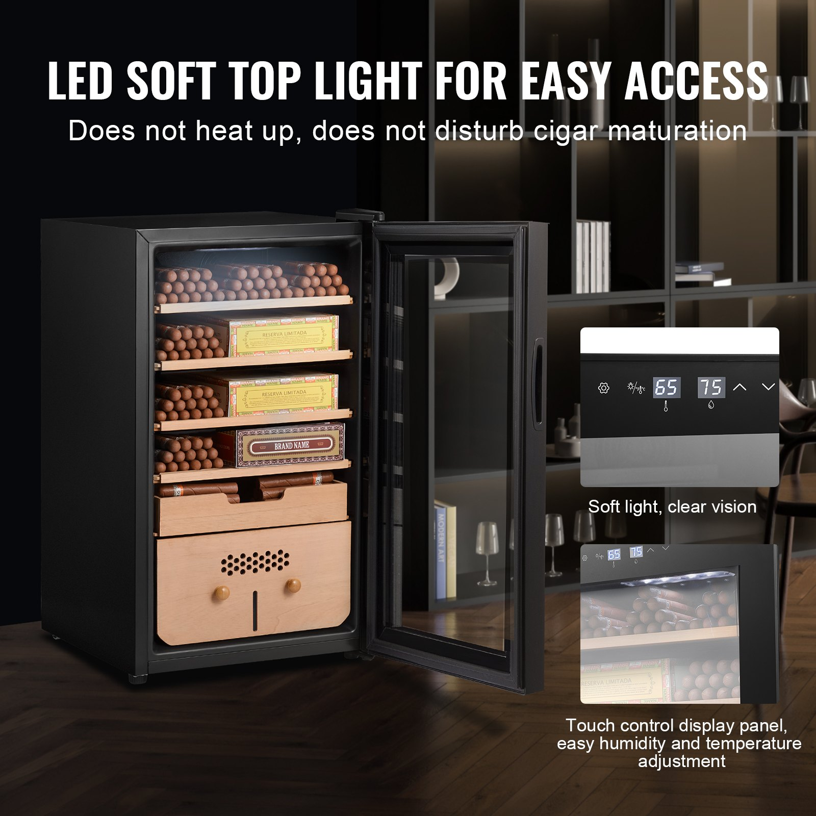 VEVOR Electric Cigar Humidor cabinet with cooling, heating, humidity control, Spanish cedar wood shelves, LED top light, touch control panel, and glass door.