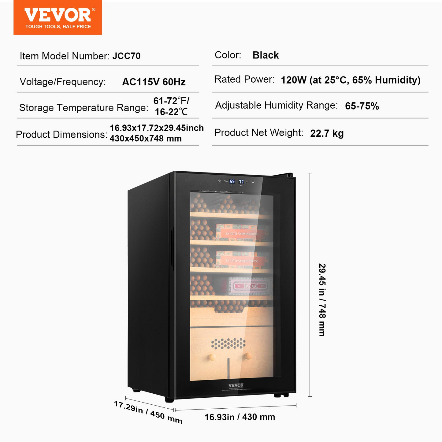 VEVOR Electric Cigar Humidor cabinet with cooling, heating, humidity control, black 400 count, 5-layer Spanish cedar wood, double mirror glass door, digital display, compact design