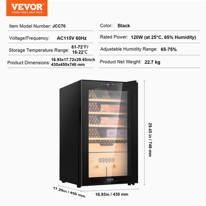 VEVOR Electric Cigar Humidor cabinet with cooling, heating, humidity control, black 400 count, 5-layer Spanish cedar wood, double mirror glass door, digital display, compact design