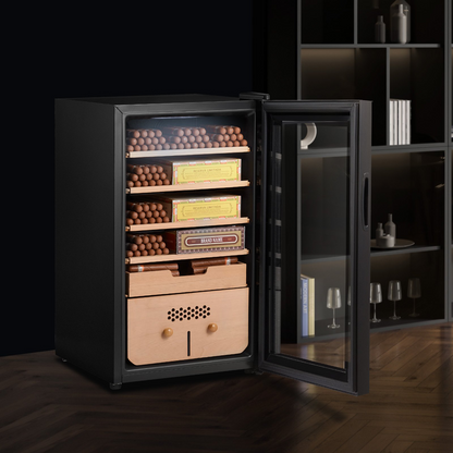 VEVOR Electric Cigar Humidor black cabinet with cooling, heating, and humidity control, 5 layers of Spanish cedar wood shelves, double mirror glass door, and cigars inside.