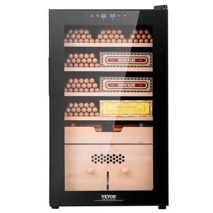 VEVOR Electric Cigar Humidor cabinet with cooling, heating, humidity control, 5-layer Spanish cedar wood, double mirror glass door, black finish, stores 400 cigars.