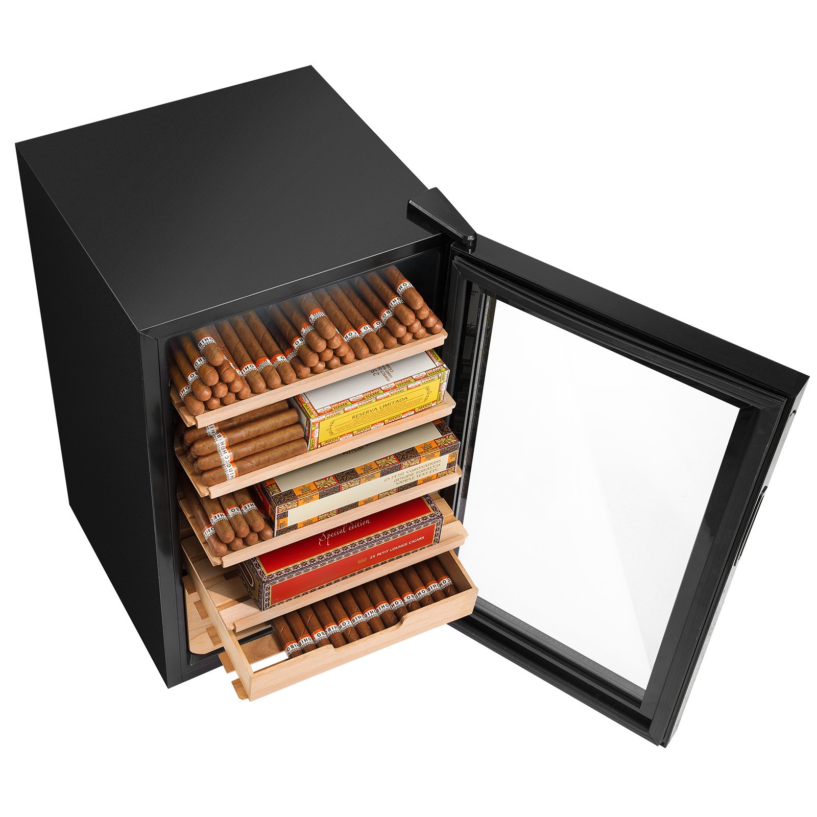 VEVOR Electric Cigar Humidor cabinet with cooling, heating, humidity control, 5-layer Spanish cedar wood shelves, and double mirror glass door, black, open with cigars inside