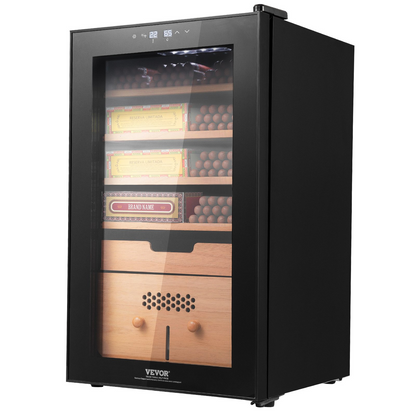 VEVOR Electric Cigar Humidor black cabinet with Spanish cedar wood shelves and glass door, cooling and humidity control, 400 cigar capacity