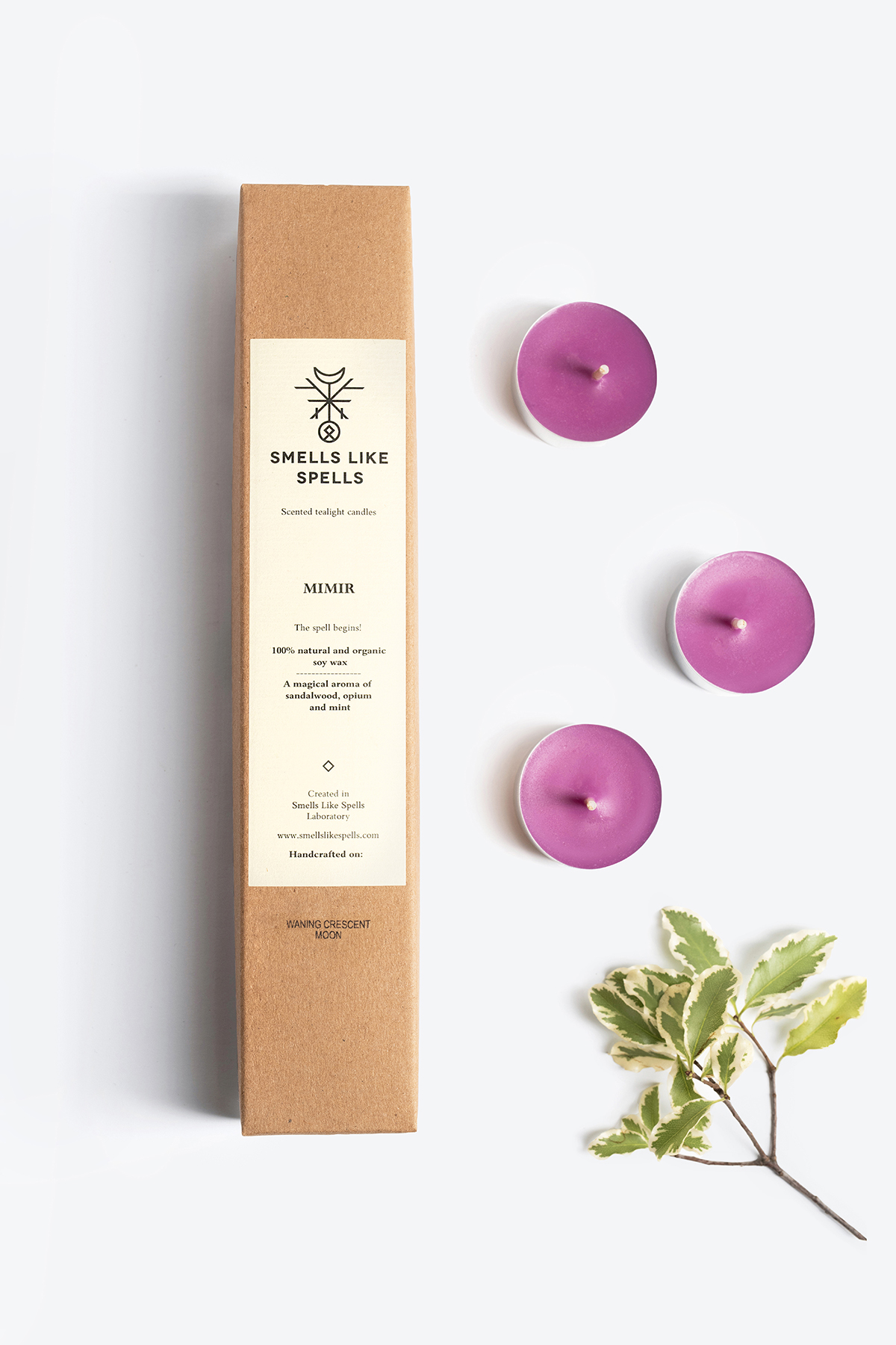 Scented tealight candles MIMIR in purple with natural soy wax and calming aromatic blend of lavender, sandalwood, and opium, packaged in eco-friendly box