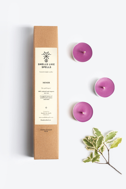 Scented tealight candles MIMIR in purple with natural soy wax and calming aromatic blend of lavender, sandalwood, and opium, packaged in eco-friendly box