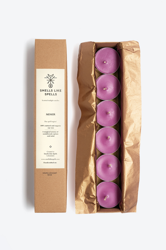 Box of six purple scented tealight candles MIMIR with natural soy wax and aromatic lavender, sandalwood, and opium scents