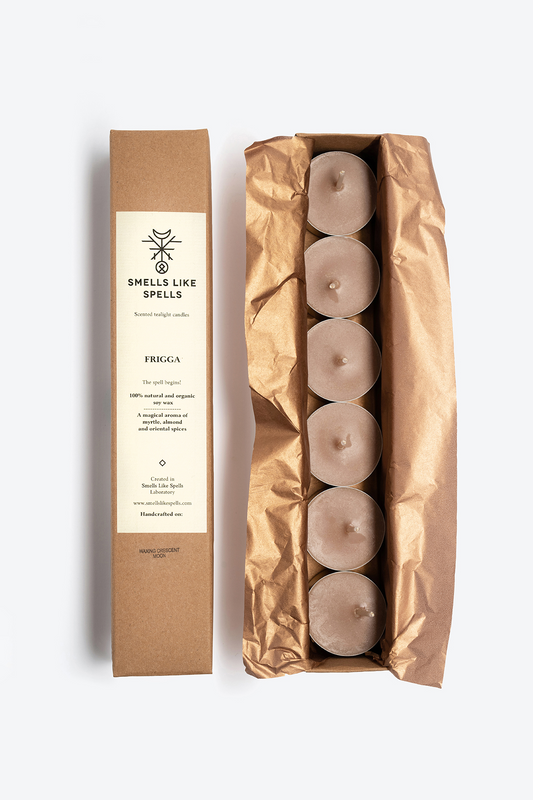 Scented tealight candles FRIGGA with myrtle, almond, and oriental spices in eco-friendly packaging