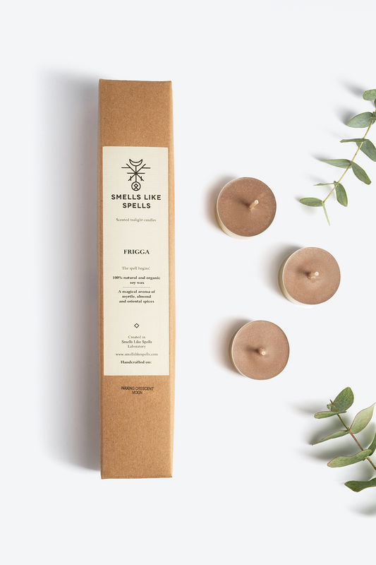 Scented tealight candles FRIGGA with myrtle, almond, and oriental spice aromas in eco-friendly packaging for aromatherapy and magic rituals
