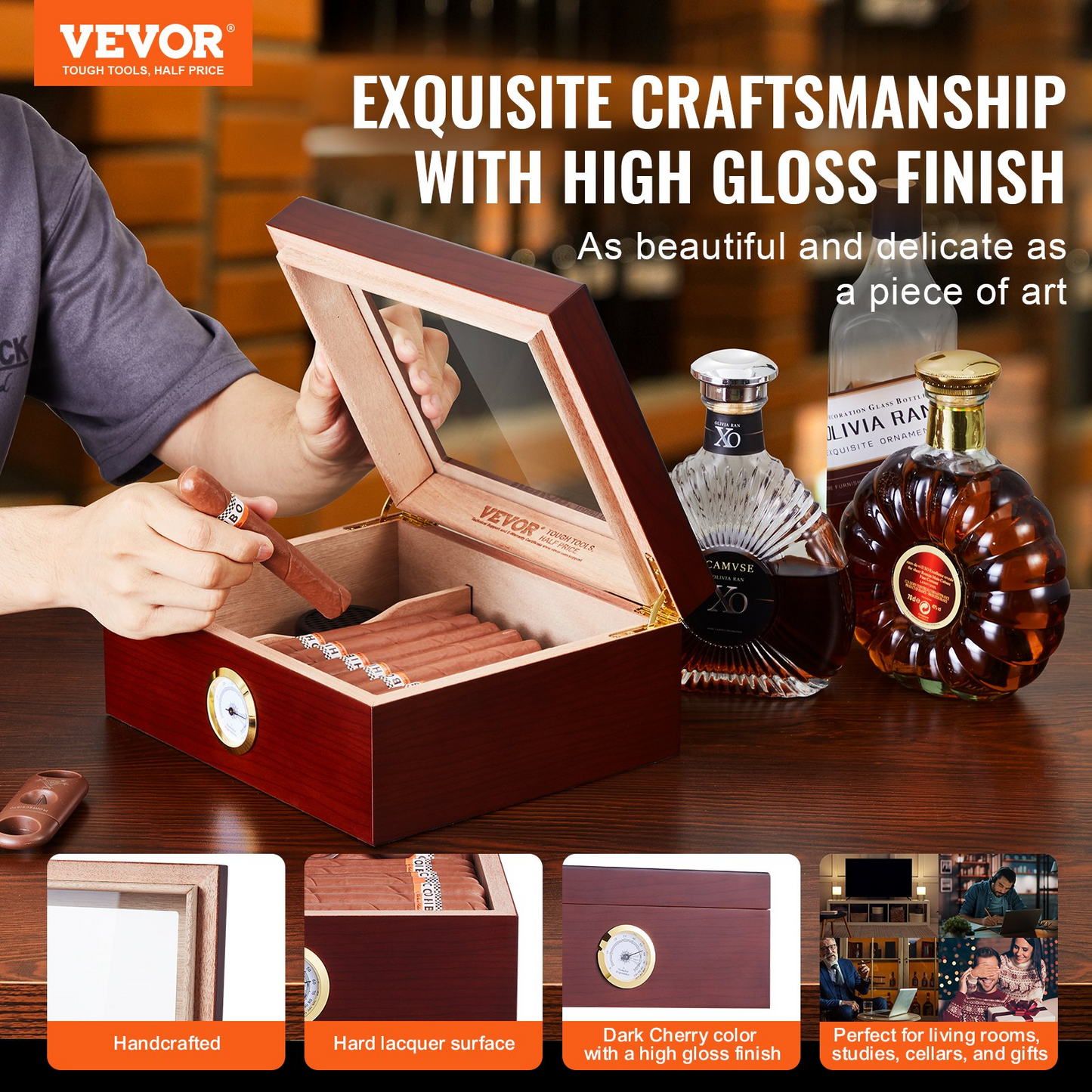 VEVOR 50 Cigars Humidor with glass top, cedar storage, humidifier, and hygrometer in dark cherry finish.