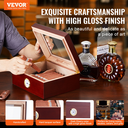 VEVOR 50 Cigars Humidor with glass top, cedar storage, humidifier, and hygrometer in dark cherry finish.