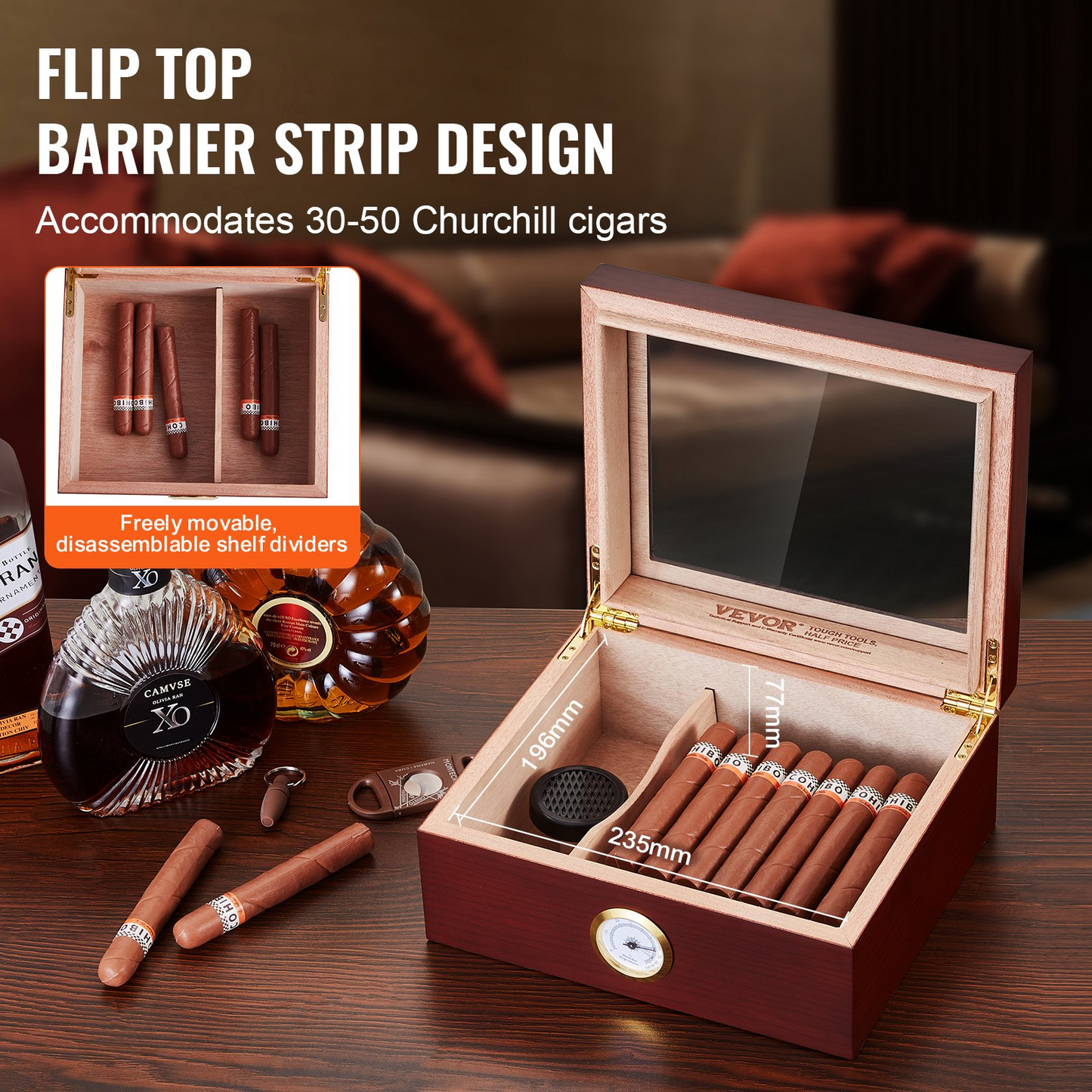 VEVOR 50 Cigars Humidor with glass top, cedar wood, humidifier, hygrometer, and adjustable shelf dividers for 30-50 cigars storage.