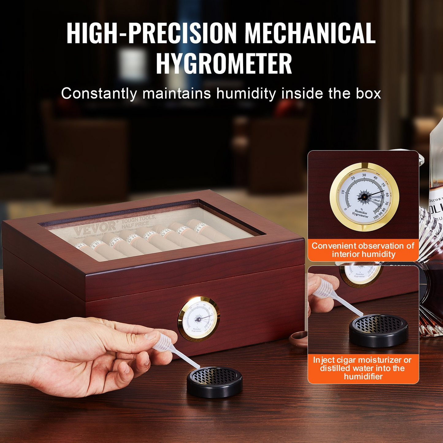 VEVOR 50 Cigars Humidor with glass top, cedar storage box, mechanical hygrometer, and humidifier for maintaining cigar humidity