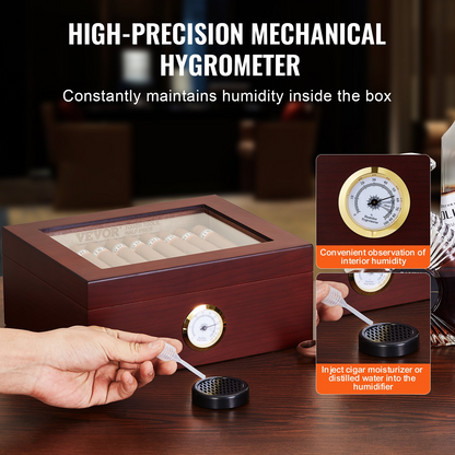 VEVOR 50 Cigars Humidor with glass top, cedar storage box, mechanical hygrometer, and humidifier for maintaining cigar humidity