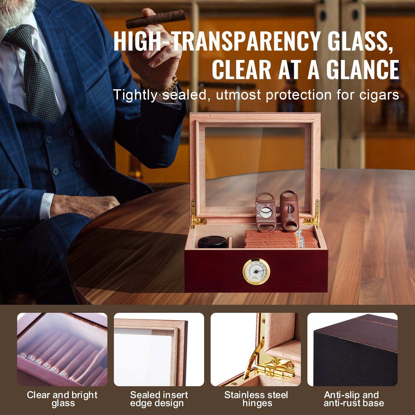 VEVOR 50 Cigars Humidor with glass top, cedar wood storage box, humidifier, hygrometer, and high-transparency glass display
