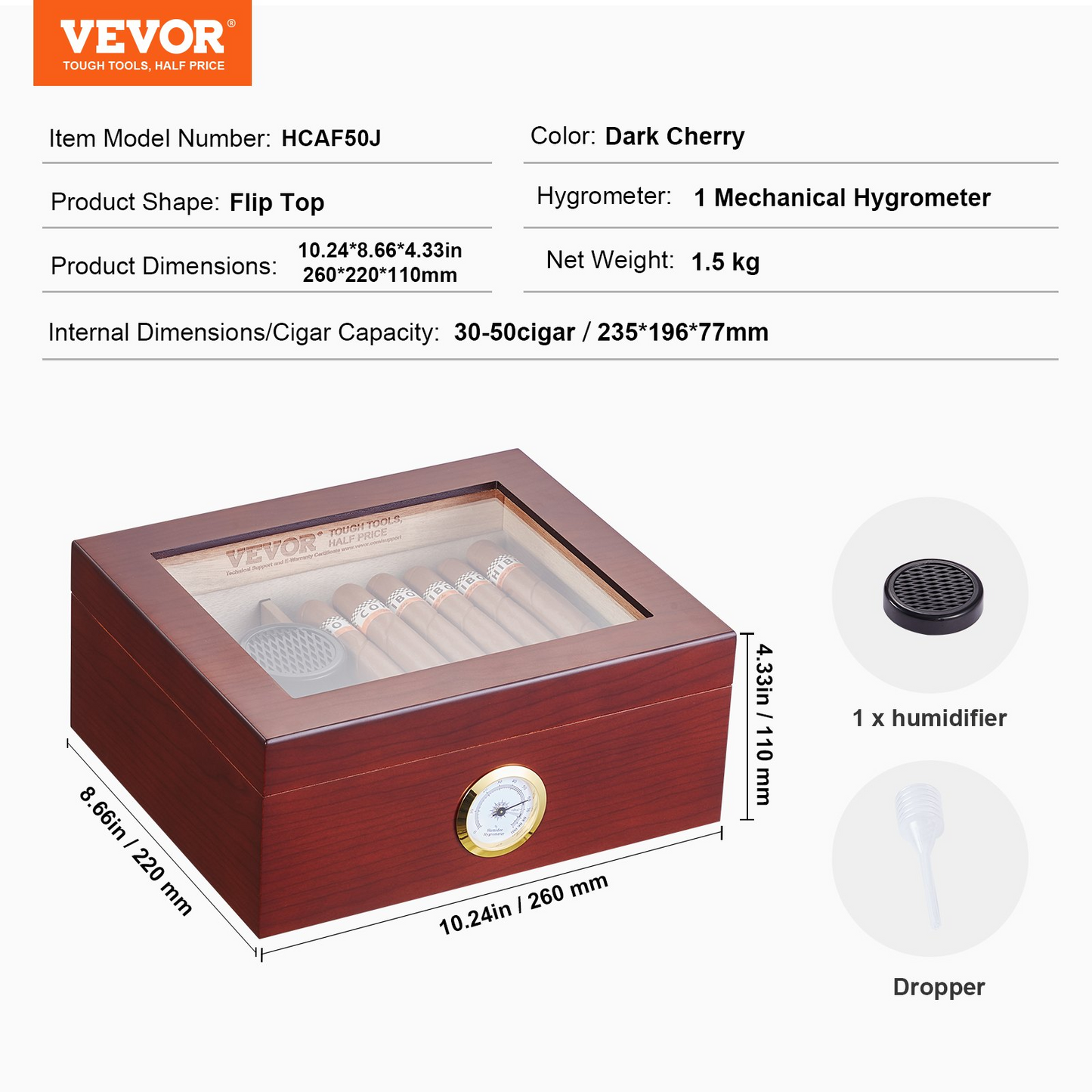 VEVOR 50 Cigars Humidor dark cherry glass-top cedar cigar storage box with humidifier and mechanical hygrometer, holds 30-50 cigars.