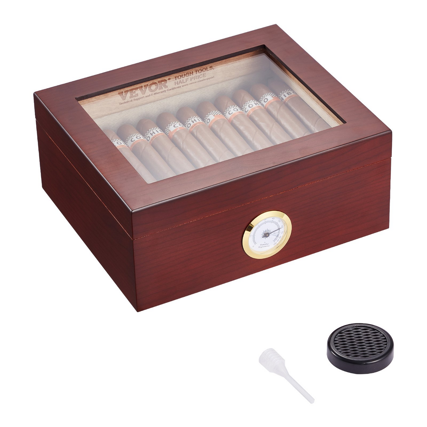 VEVOR 50 Cigars Humidor wooden box with glass top, cedar interior, hygrometer, and humidifier accessories